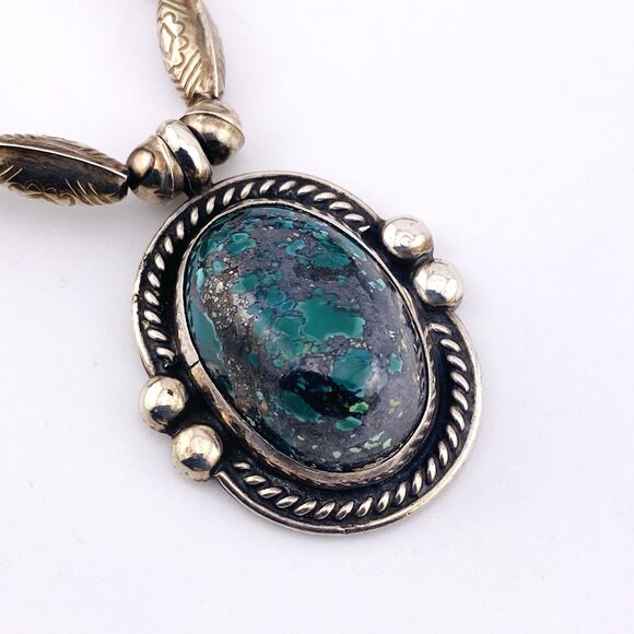 Hand Crafted Sterling Silver Pendant Necklace Large Turquoise Cab 17 In Tribal - Picture 3 of 12